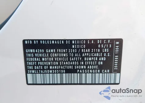 2013 Volkswagen Jetta 2.0L Tdi from USA, damaged, VIN 3VWLL7AJ5DM303196